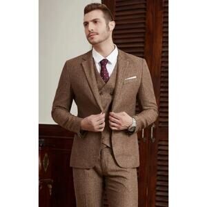 NWT Tuxaro‎ 3 Piece Herringbone Tweed Notch Lapel Suit 46R 40/30 Brown